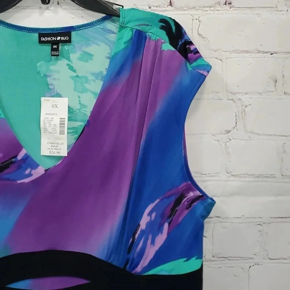 Fashion Bug Sleeveless V Neck Multi Color Empire Waisted Blouse Size 0x NWT - Picture 3 of 11
